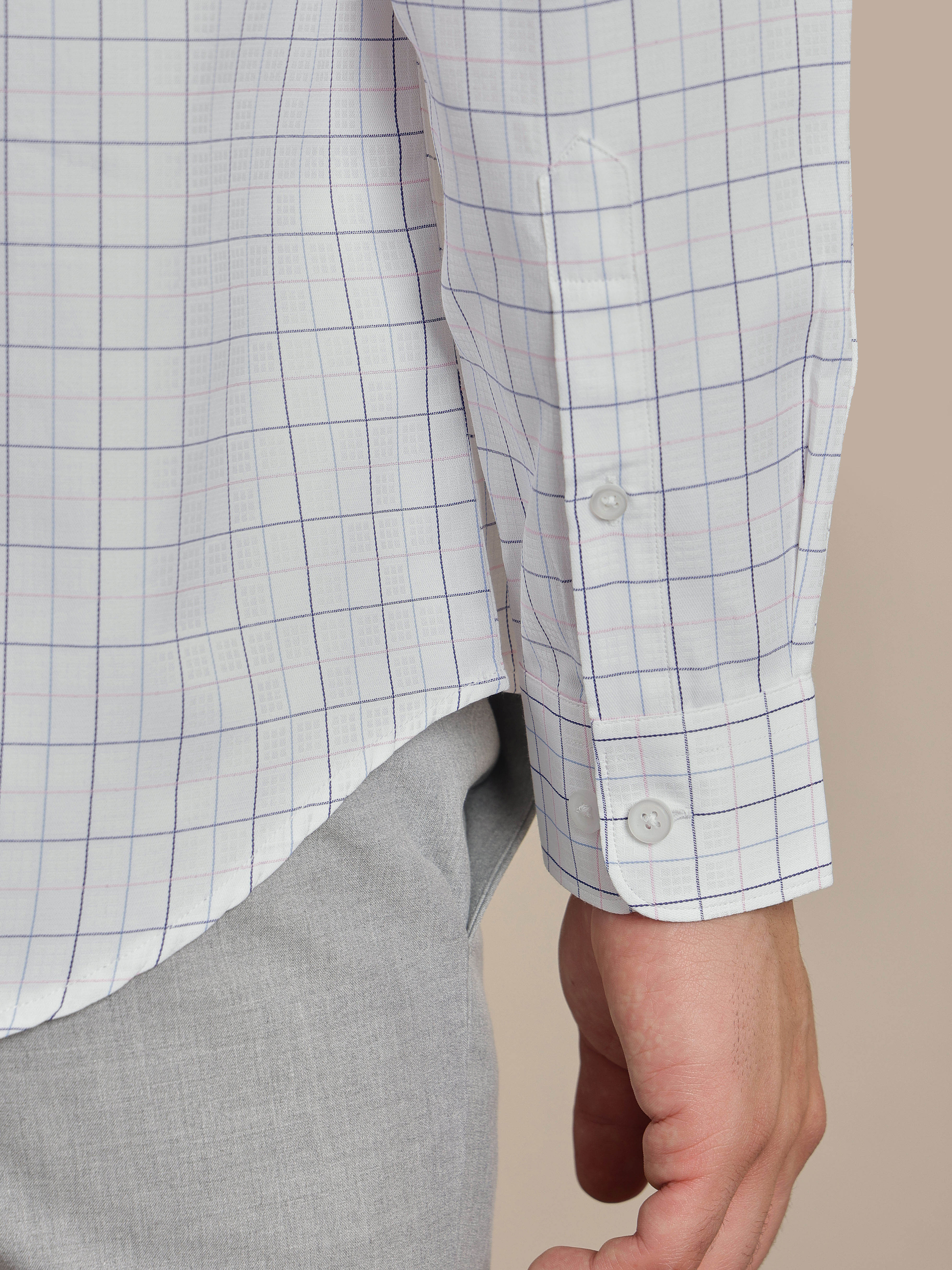 Thomas Scott Men Smart White Regular Fit Long Sleeves Button Down Collar Windowpane Checks Formal Shirt