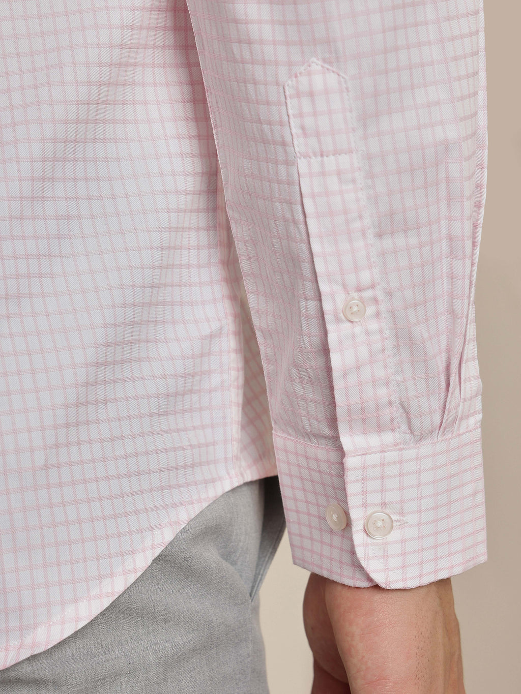 Thomas Scott Men Premium Pink Gingham Checks Cotton Formal Shirt with Spread Collar & Full Sleeves