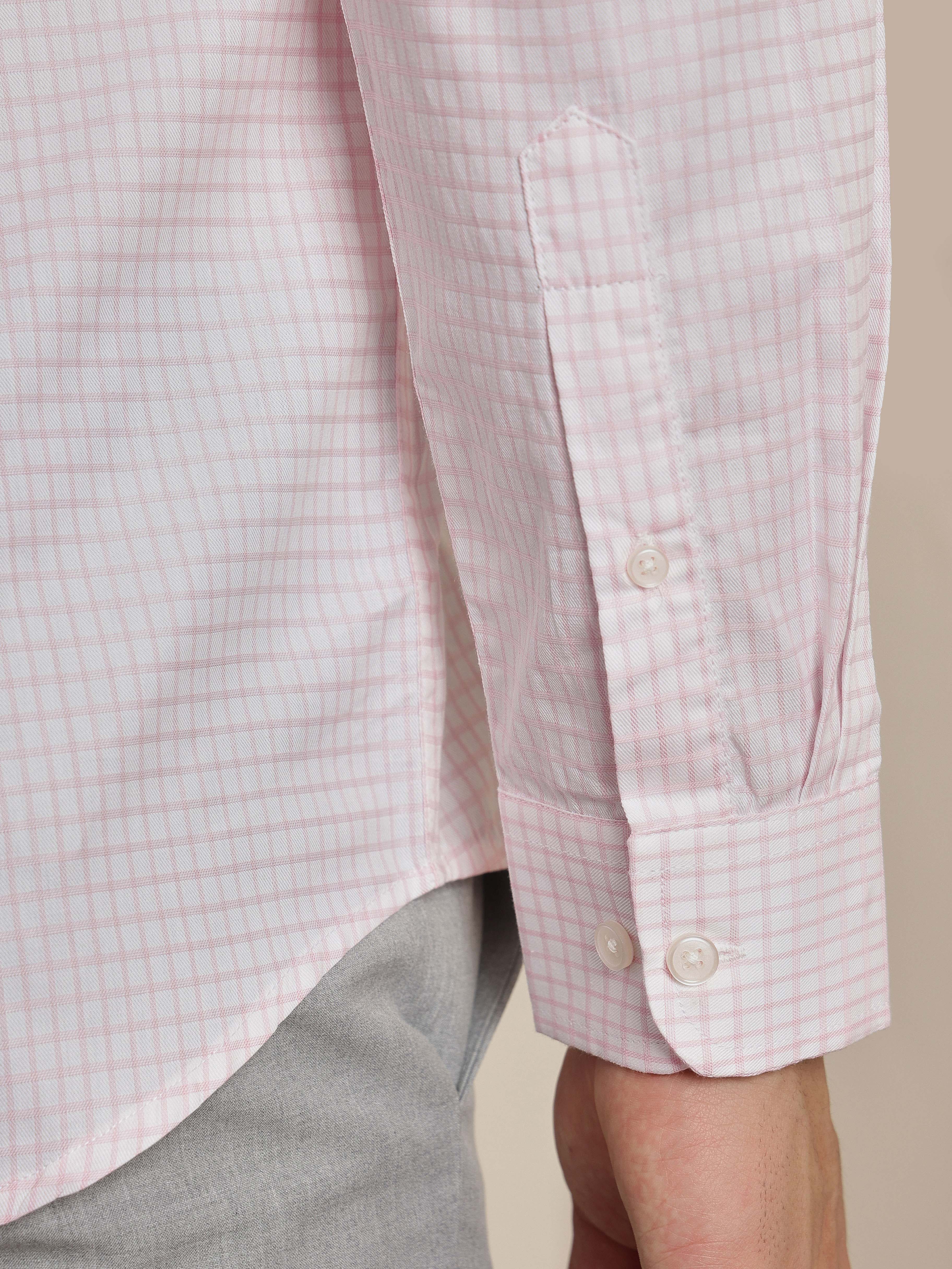Thomas Scott Men Premium Pink Gingham Checks Cotton Formal Shirt with Spread Collar & Full Sleeves