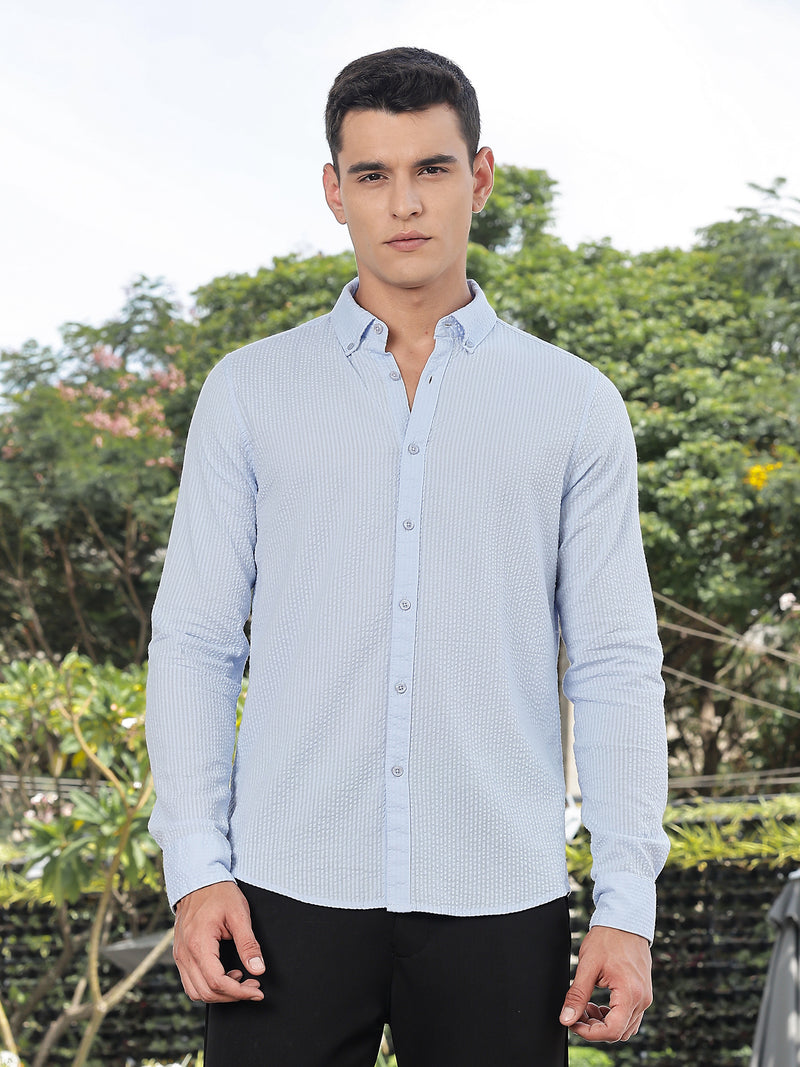 Thomas Scott Men Sky Blue Slim Fit Long Sleeves Button-Down Collar Seersucker Shirt