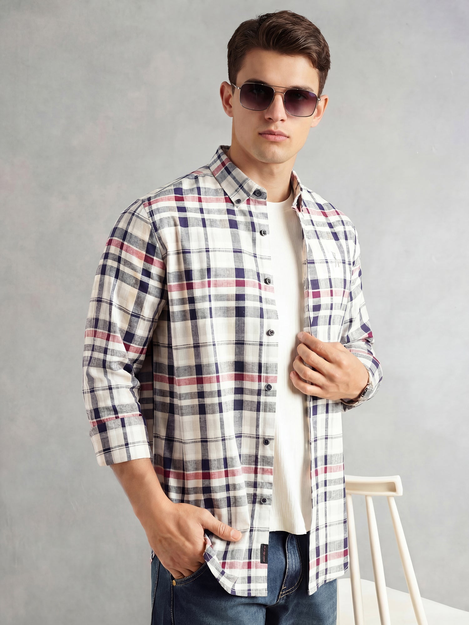 Thomas Scott Men White Cricket Club Collection Slim Fit Long Sleeves Button-Down Collar Cotton Linen Plaid Check Shirt