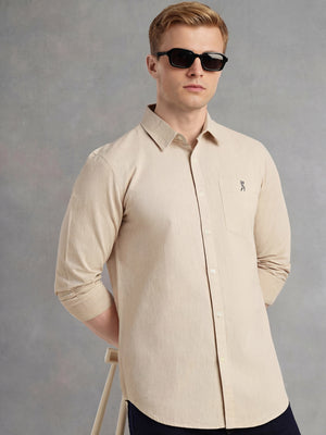 Beige Cricket Club Collection Slim Fit Long Sleeves Spread Collar Solid Cotton Linen Shirt For Men