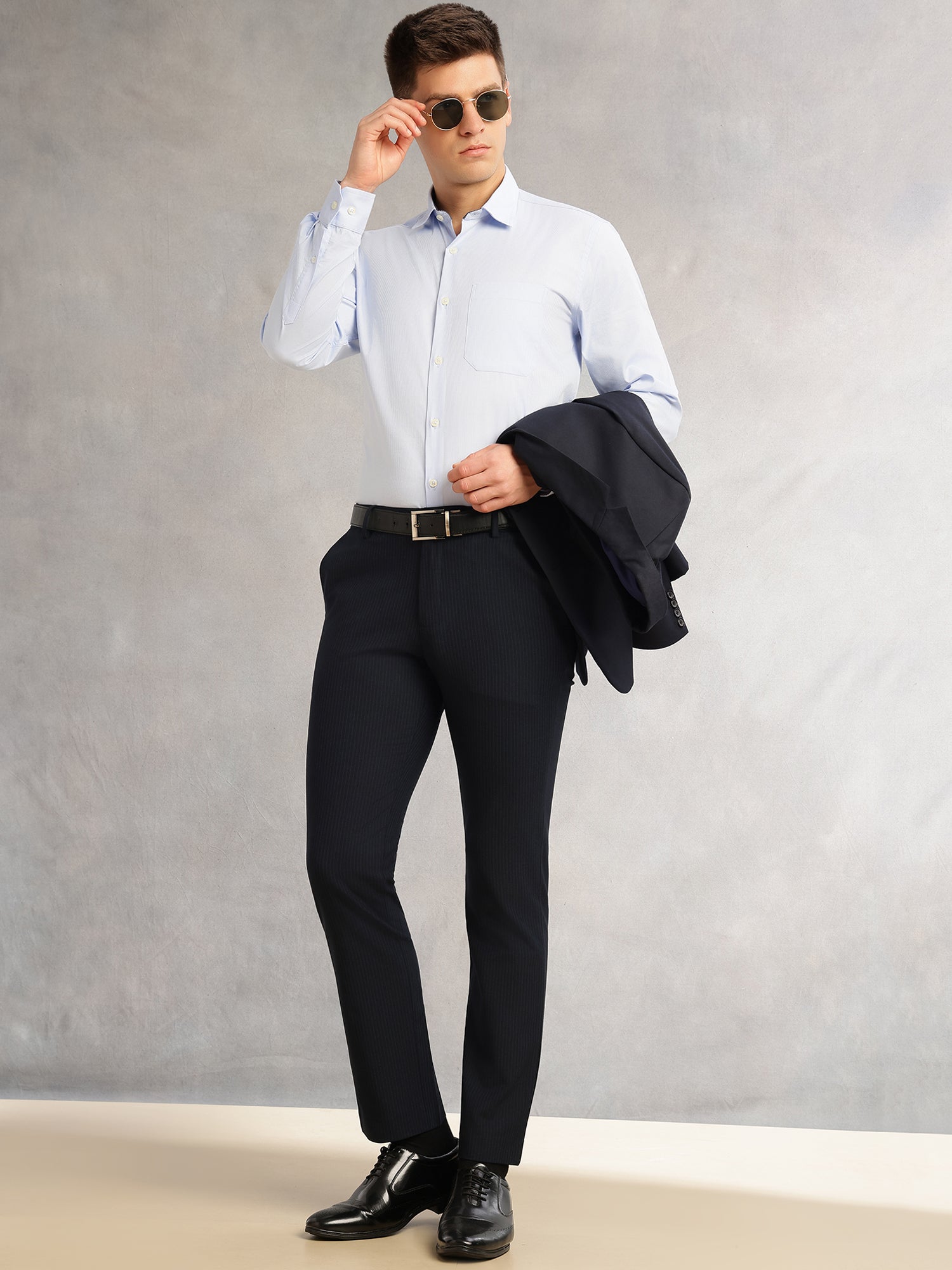 Thomas Scott Men Navy1 Slim Fit Mid-Rise Flexi-Waist 4-Way Stretch Solid Formal Performance Trouser