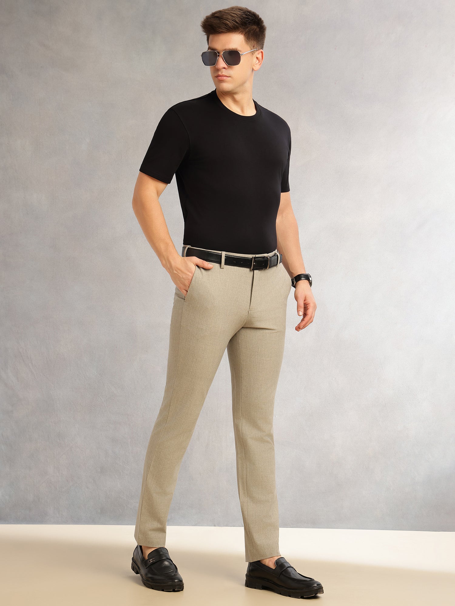 Thomas Scott Men Khaki Slim Fit Mid-Rise Flexi-Waist 4-Way Stretch Solid Formal Performance Trouser
