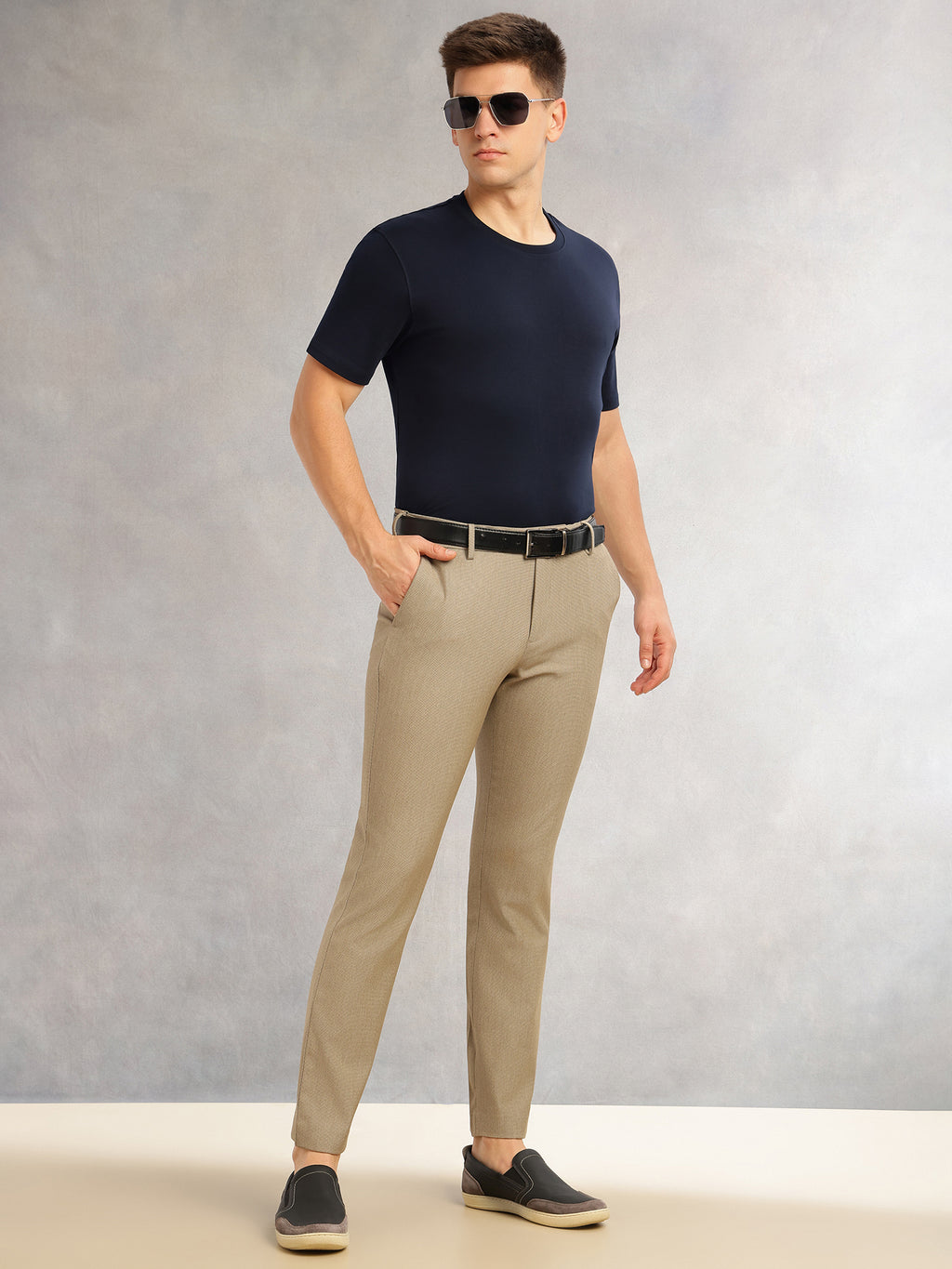 Thomas Scott Men Dark Khaki Slim Fit Mid-Rise Flexi-Waist 4-Way Stretch Solid Formal Performance Trouser
