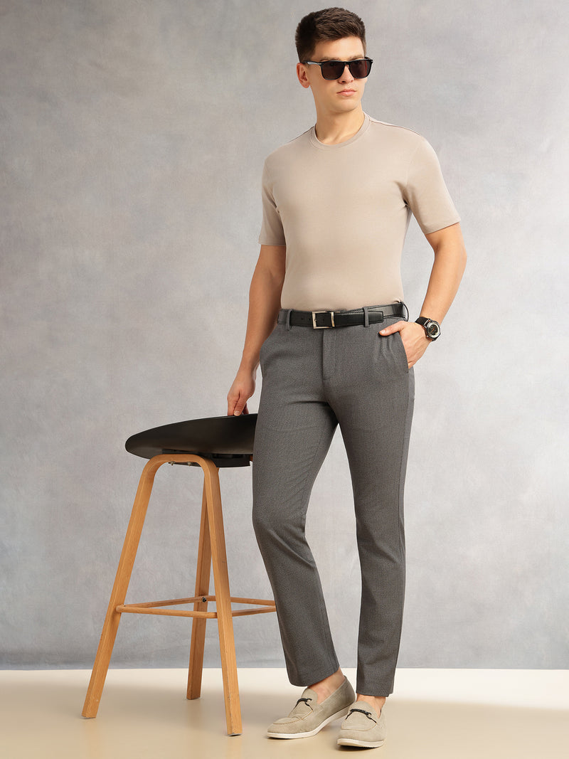 Thomas Scott Men Grey Slim Fit Mid-Rise Flexi-Waist 4-Way Stretch Solid Formal Performance Trouser