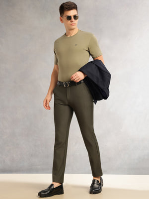 Thomas Scott Men Olive Slim Fit Mid-Rise Solid Woven Formal Trousers with Fixed Belt & 4-Way Stretch