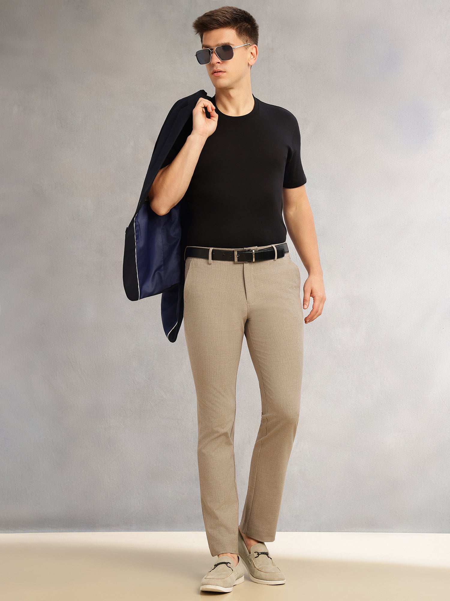 Thomas Scott Men Light Brown Slim Fit Mid-Rise Solid Woven Formal Trousers with Fixed Belt & 4-Way Stretch