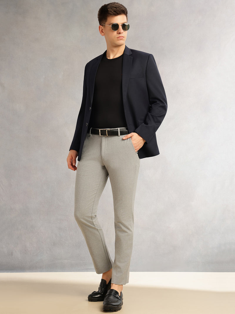 Thomas Scott Men Light Grey Slim Fit Mid-Rise Solid Woven Formal Trousers with Fixed Belt & 4-Way Stretch
