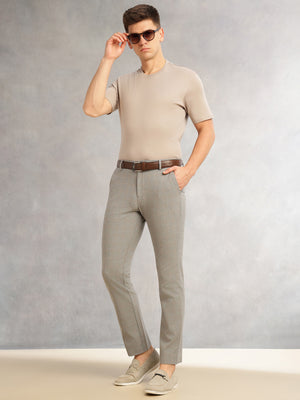 Thomas Scott Men Dark Grey Slim Fit Mid-Rise Solid Woven Formal Trousers with Fixed Belt & 4-Way Stretch