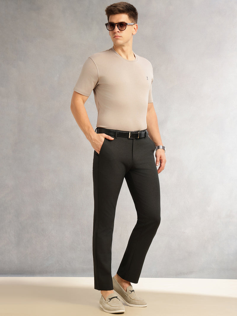 Thomas Scott Men Black Slim Fit Mid-Rise Solid Woven Formal Trousers with Fixed Belt & 4-Way Stretch