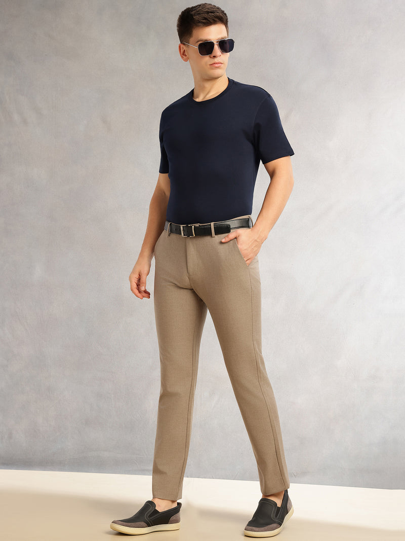 Thomas Scott Men Khaki Slim Fit Mid-Rise Solid Woven Formal Trousers with Fixed Belt & 4-Way Stretch