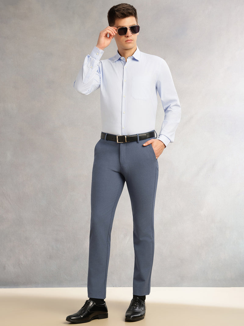Thomas Scott Men Blue Slim Fit Mid-Rise Solid Woven Formal Trousers with Fixed Belt & 4-Way Stretch
