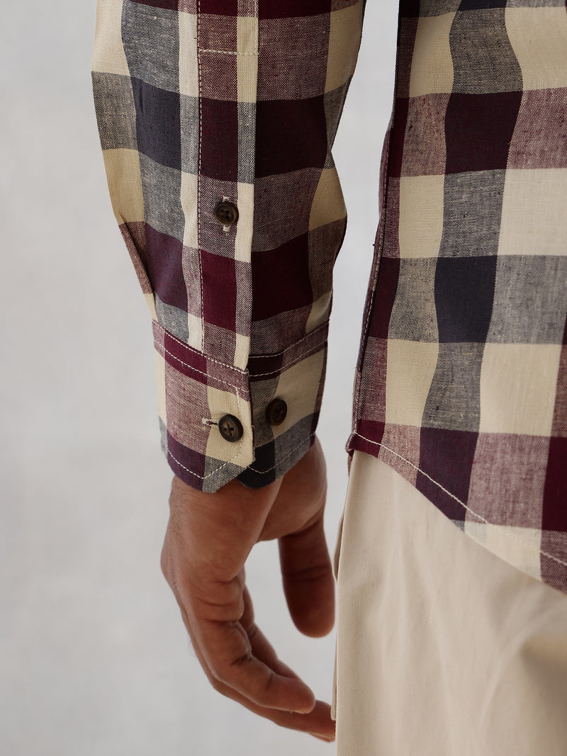 Thomas Scott Men Maroon Cricket Club Collection Long Sleeves Button-Down Collar Cotton Linen Gingham Checks Shirt