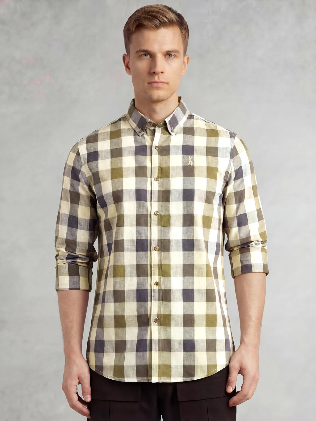 Thomas Scott Men Navy Cricket Club Collection Long Sleeves Button-Down Collar Cotton Linen Gingham Checks Shirt