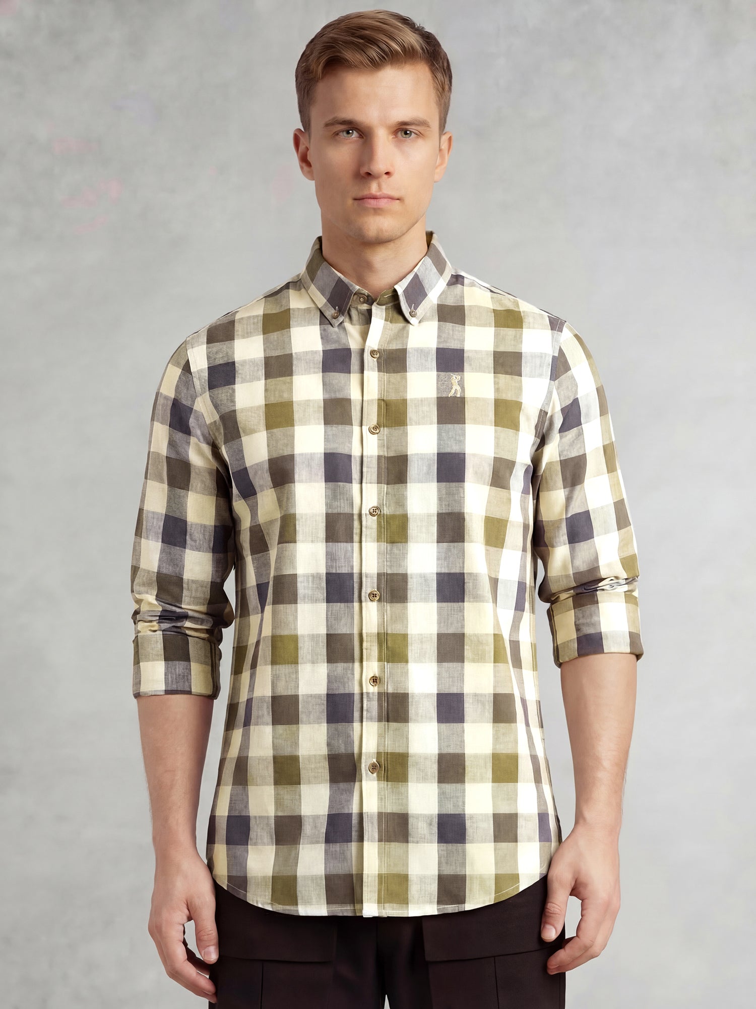 Thomas Scott Men Navy Cricket Club Collection Long Sleeves Button-Down Collar Cotton Linen Gingham Checks Shirt