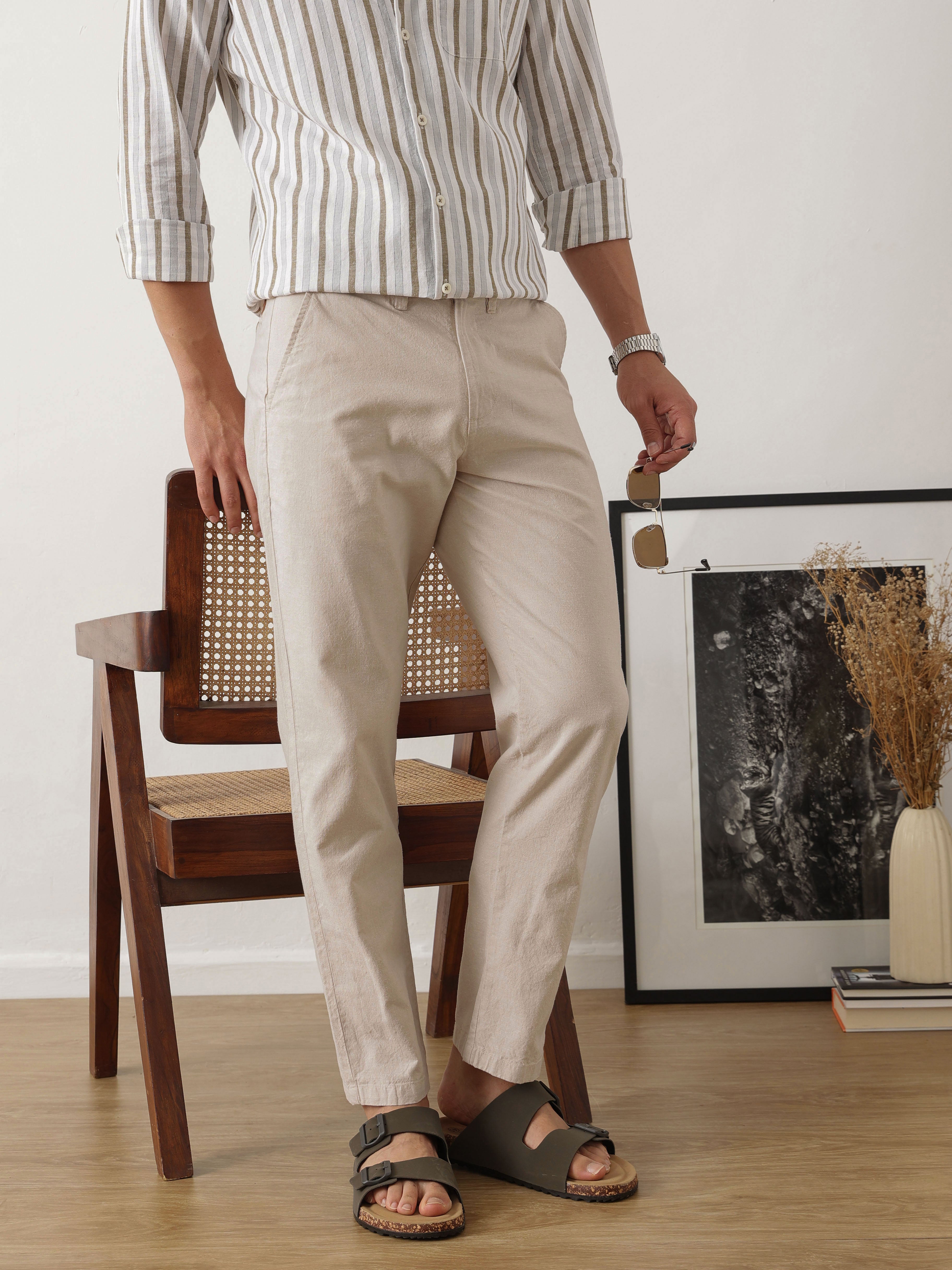 Thomas Scott Men Smart Beige Straight Fit Mid-Rise Solid Woven Linen Trouser
