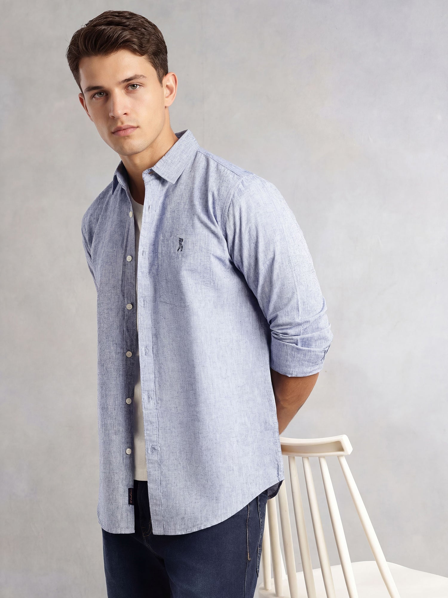 Thomas Scott Men Blue Cricket Club Collection Slim Fit Long Sleeves Spread Collar Solid Cotton Linen Shirt