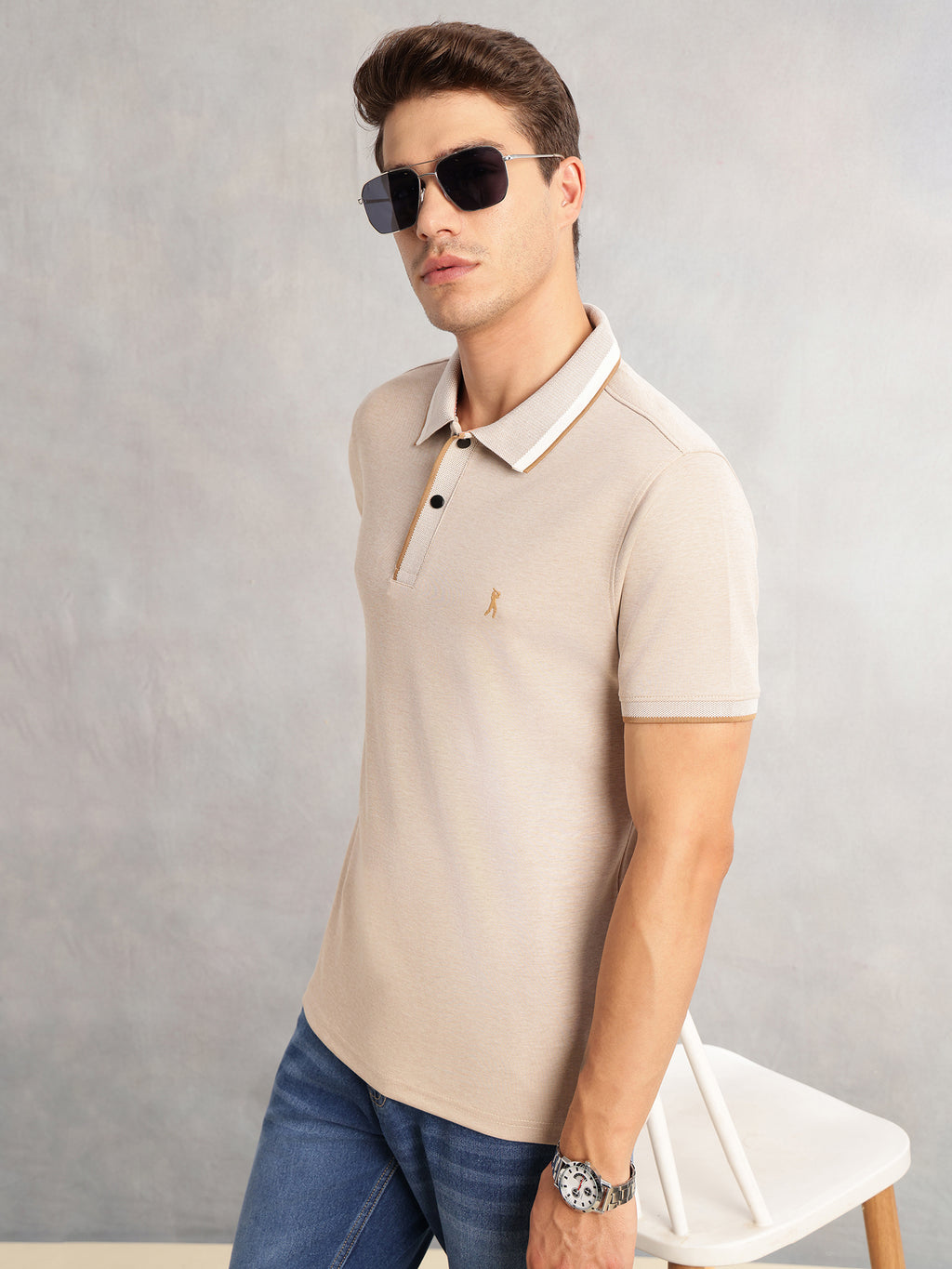 Beige Cricket Club Collection Regular Fit Short Sleeves Solid Polo Collar Knitted T-Shirt