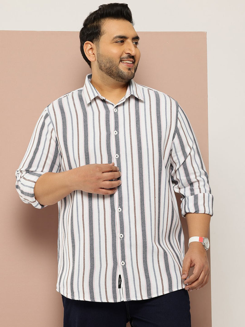 Thomas Scott Men White Plus Size Regular Fit Long Sleeves Spread Collar Multi Stripes 100% Cotton Casual Shirt