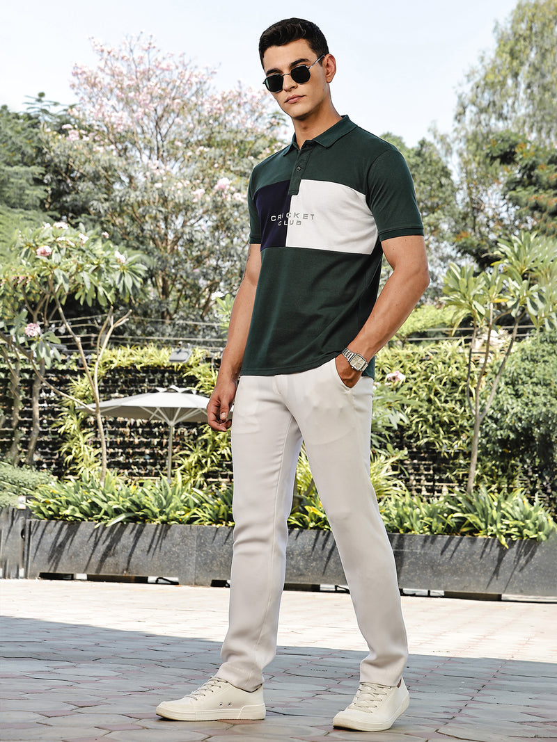 Thomas Scott Men BottleGreen Regular Fit Short Sleeves Typography Polo Collar Knitted Tshirt