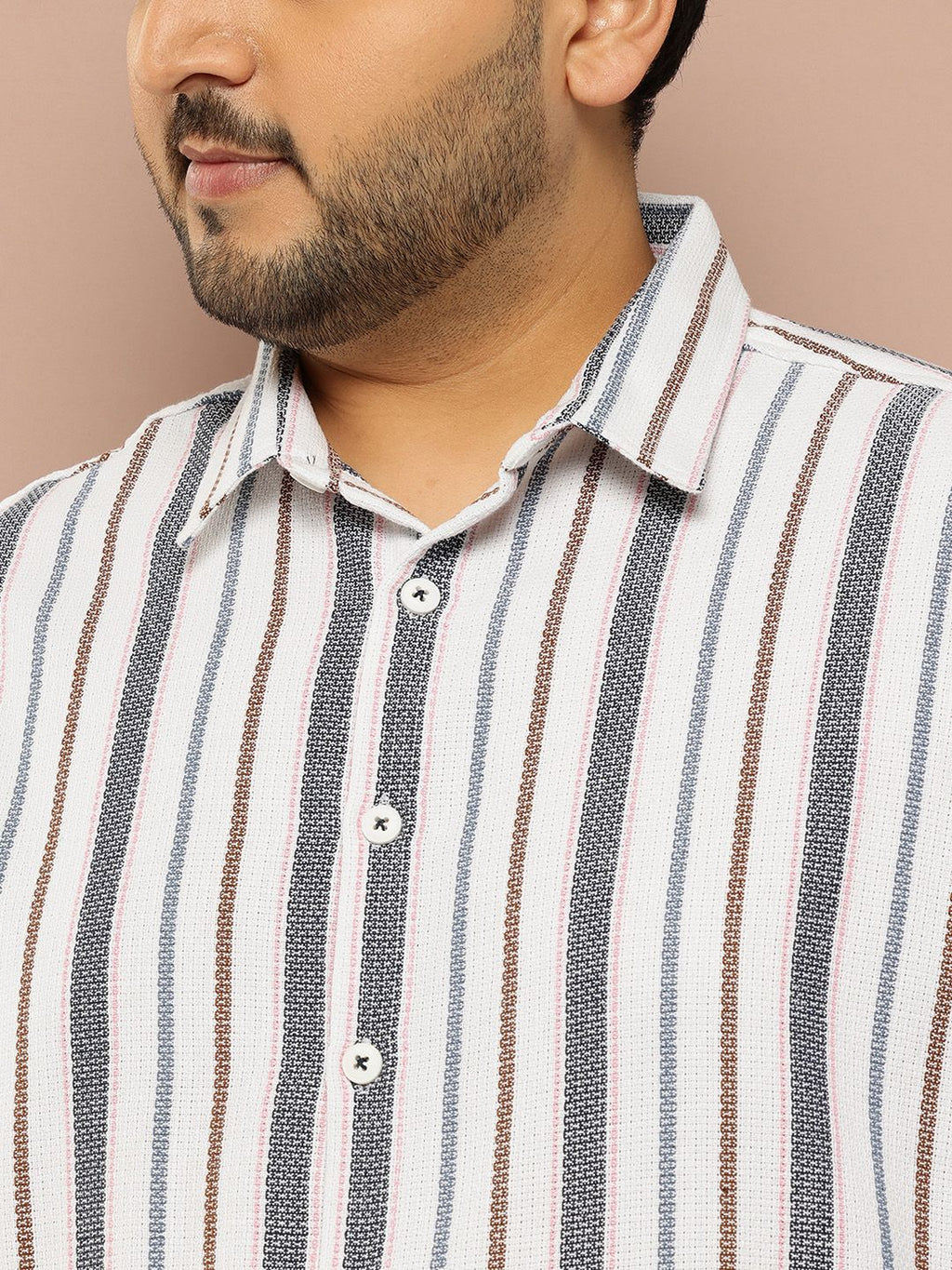 Thomas Scott Men White Plus Size Regular Fit Long Sleeves Spread Collar Multi Stripes 100% Cotton Casual Shirt