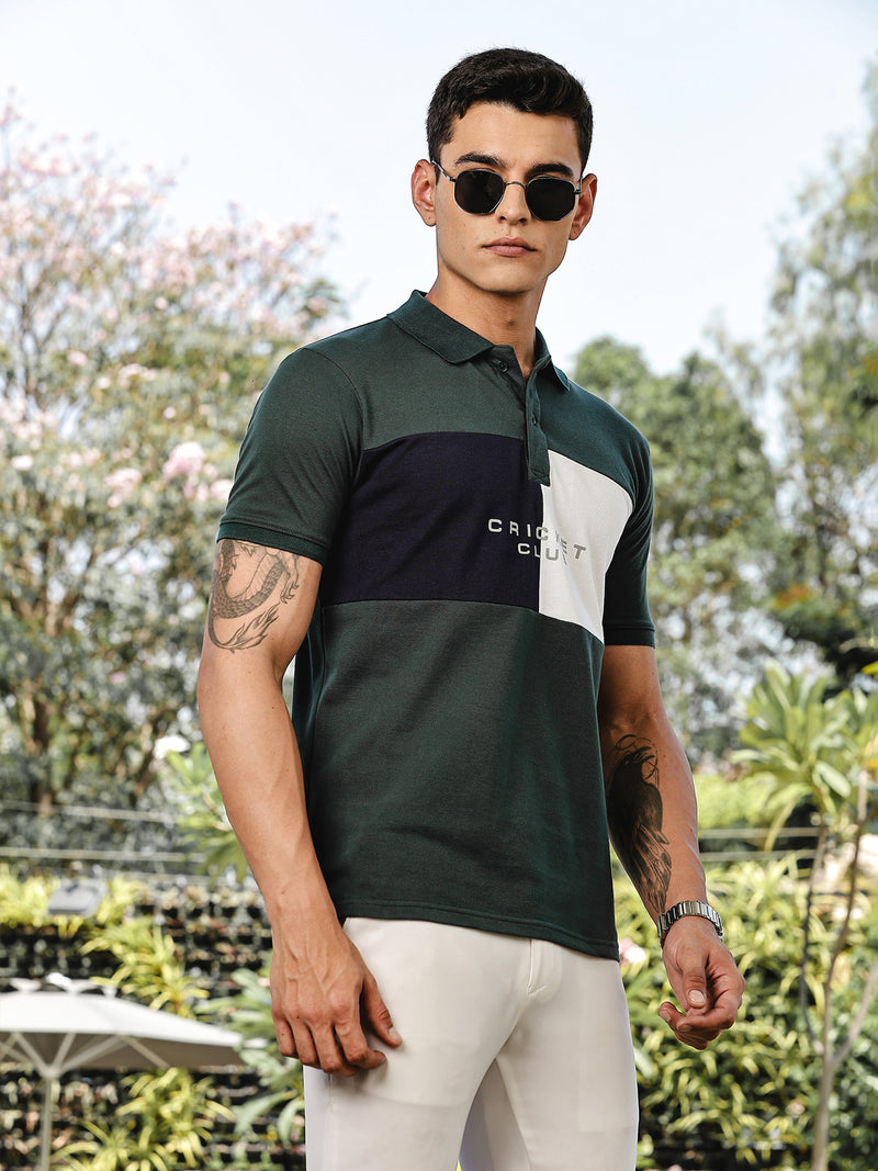 Thomas Scott Men BottleGreen Regular Fit Short Sleeves Typography Polo Collar Knitted Tshirt