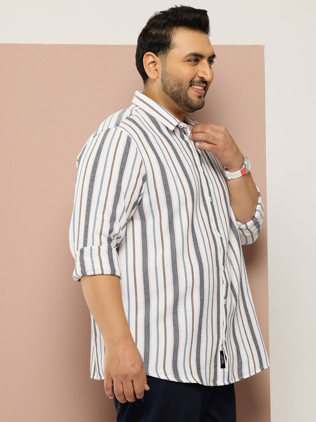 Thomas Scott Men White Plus Size Regular Fit Long Sleeves Spread Collar Multi Stripes 100% Cotton Casual Shirt