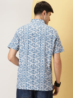 Thomas Scott Men Teal Smart Comfort Fit Short Sleeves Button-Down Collar Floral Printed Cotton Casual Shirt