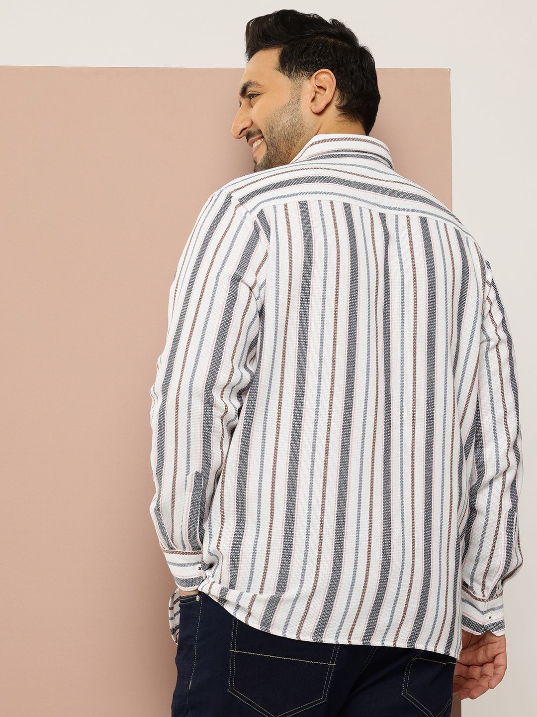 Thomas Scott Men White Plus Size Regular Fit Long Sleeves Spread Collar Multi Stripes 100% Cotton Casual Shirt