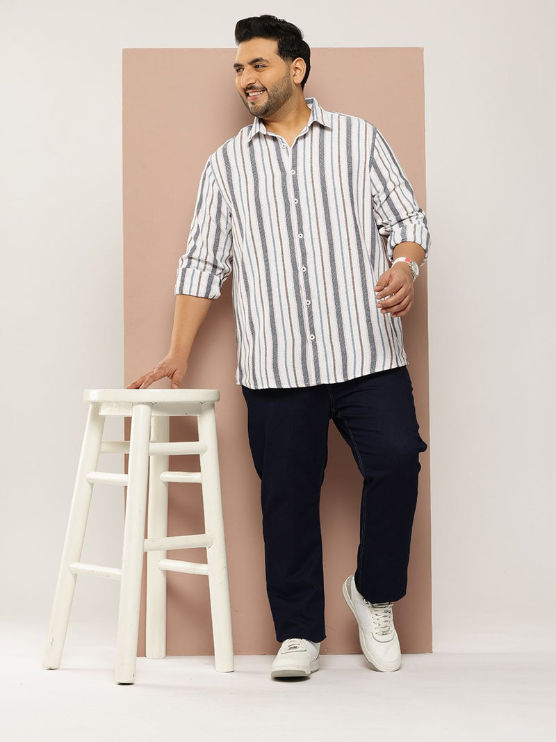 Thomas Scott Men White Plus Size Regular Fit Long Sleeves Spread Collar Multi Stripes 100% Cotton Casual Shirt