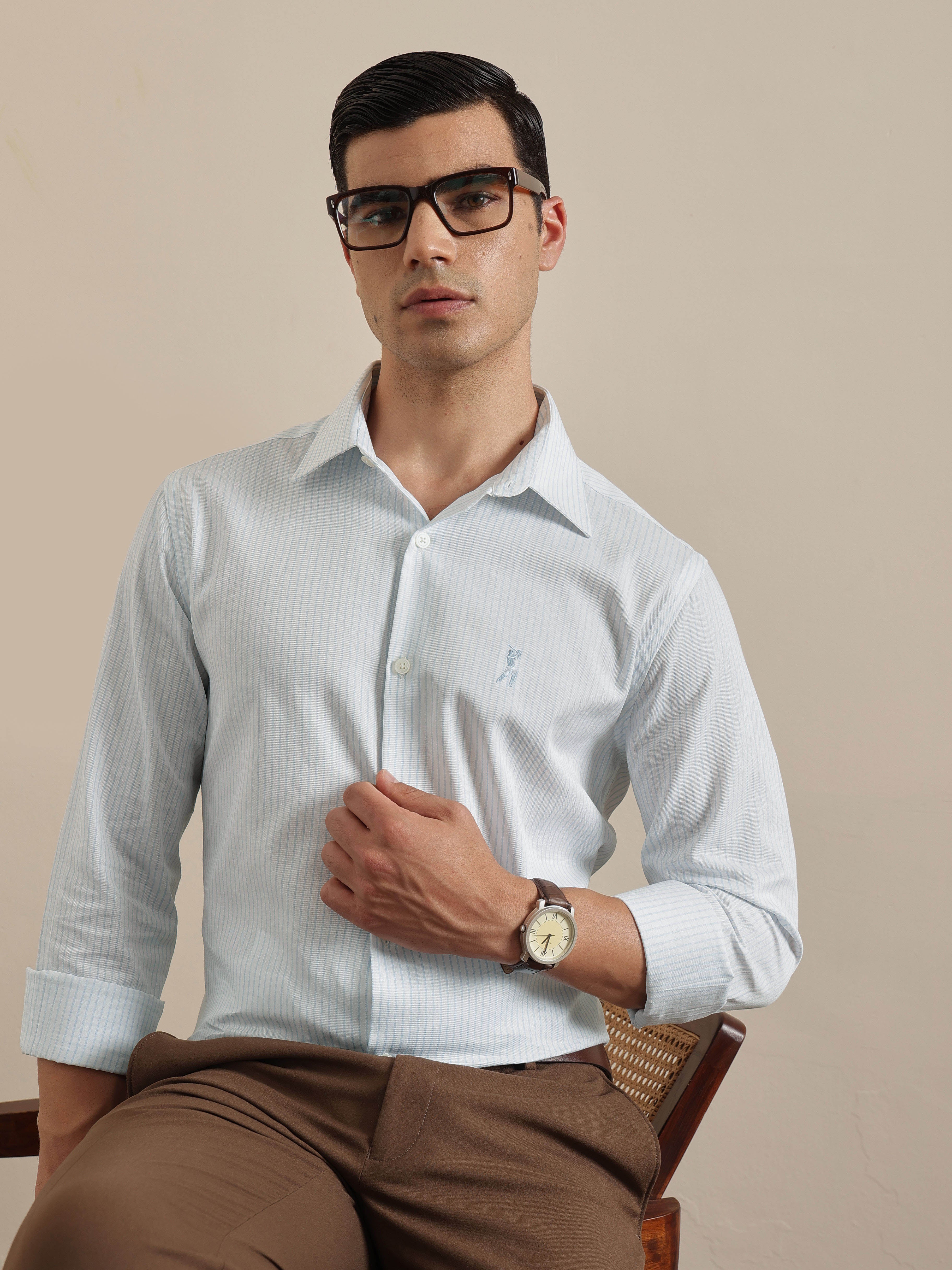 Thomas Scott Men Premium Blue Vertical Stripes Cotton Formal Shirt with Spread Collar & Full Sleeves