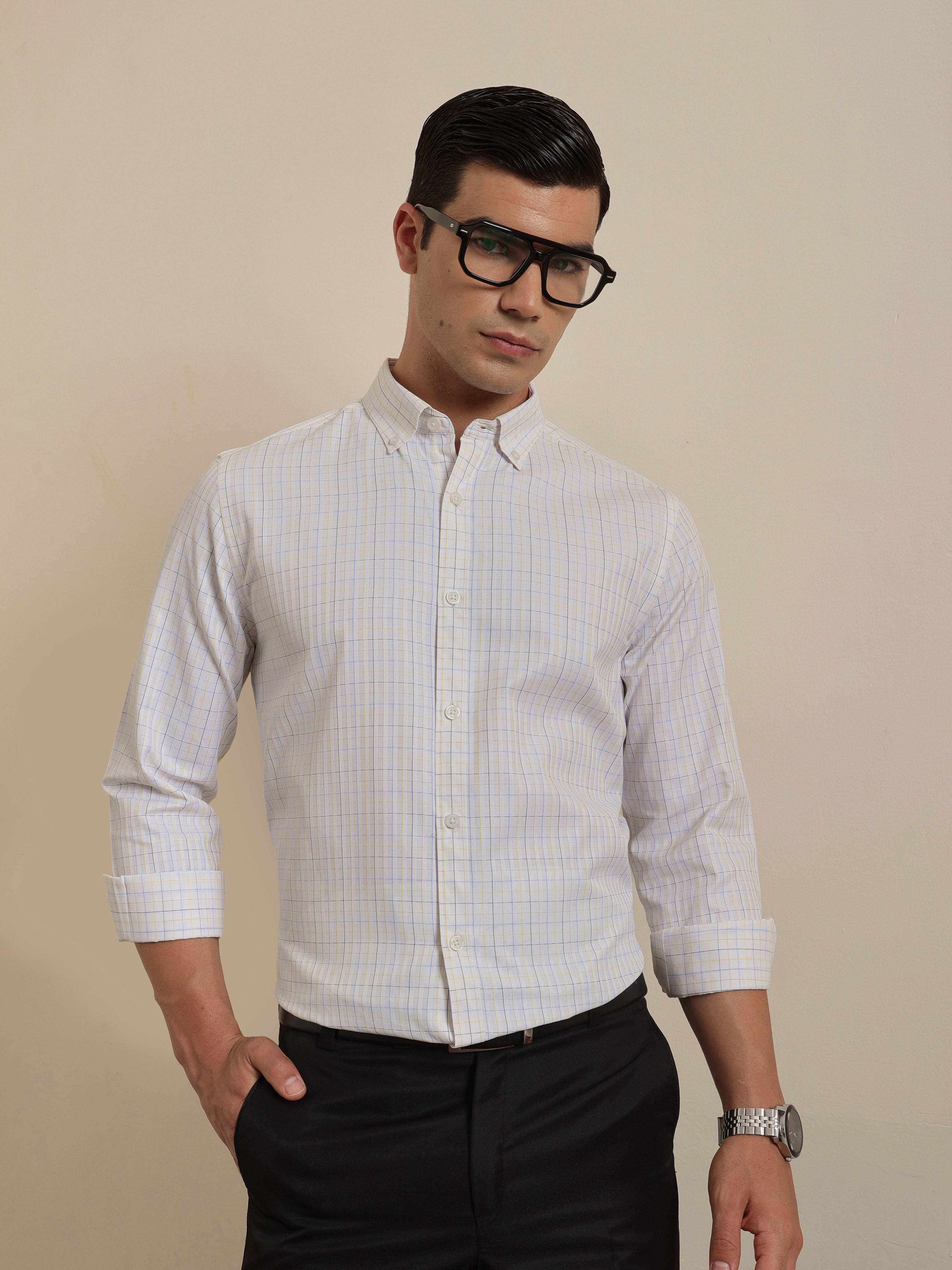 Thomas Scott Men Smart White1 Regular Fit Long Sleeves Button Down Collar Windowpane Checks Formal Shirt