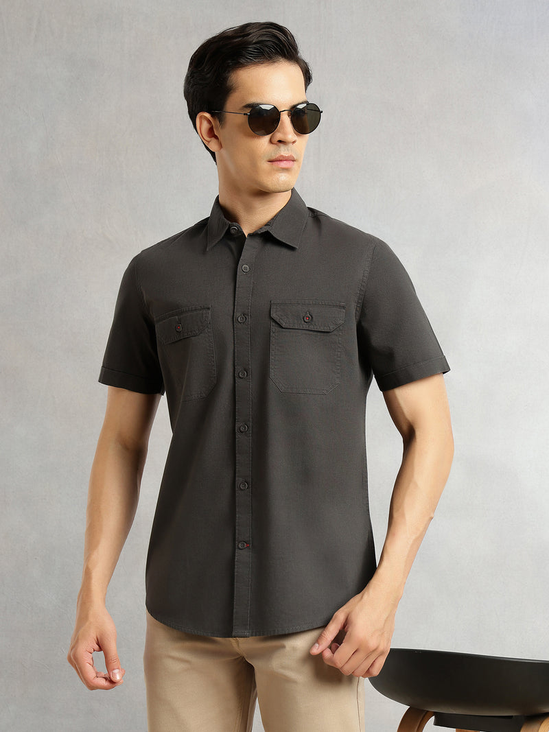 Thomas Scott Men Steel Grey Men Cricket Club Collection Premium Slim Fit Casual Shirt-Dual Flap Pockets With Short Sleeves