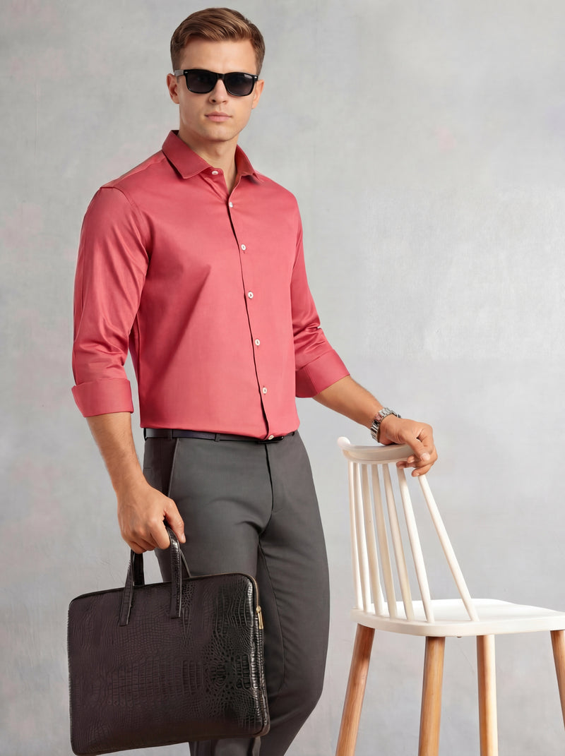 Thomas Scott Men Dark Peach Regular Fit Long Sleeves Spread Collar Solid 100% Cotton Formal Shirt