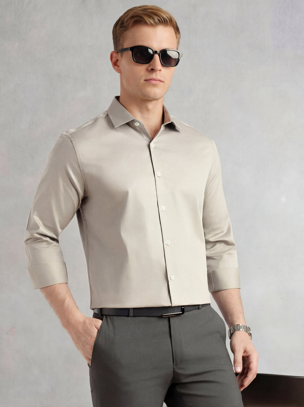 Thomas Scott Men Light Grey Regular Fit Long Sleeves Spread Collar Solid 100% Cotton Formal Shirt