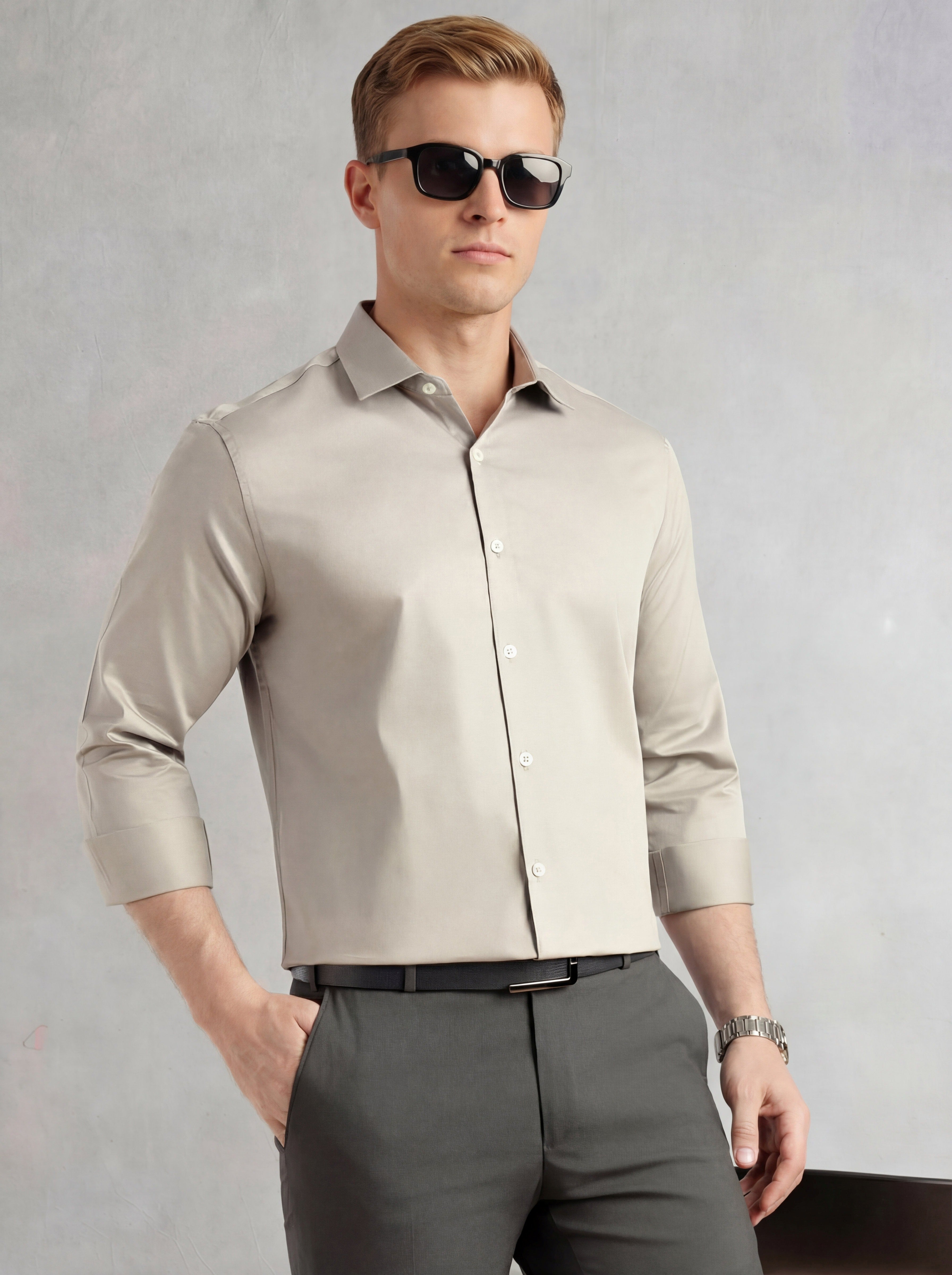 Thomas Scott Men Light Grey Regular Fit Long Sleeves Spread Collar Solid 100% Cotton Formal Shirt