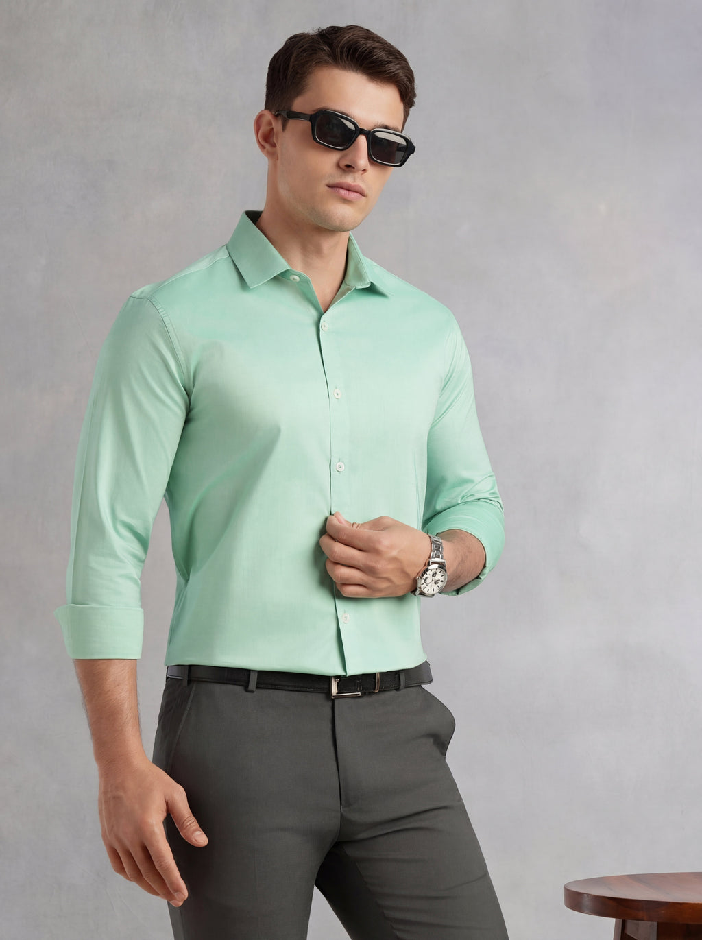 Thomas Scott Men Green Regular Fit Long Sleeves Spread Collar 100% Cotton Oxford Formal Shirt