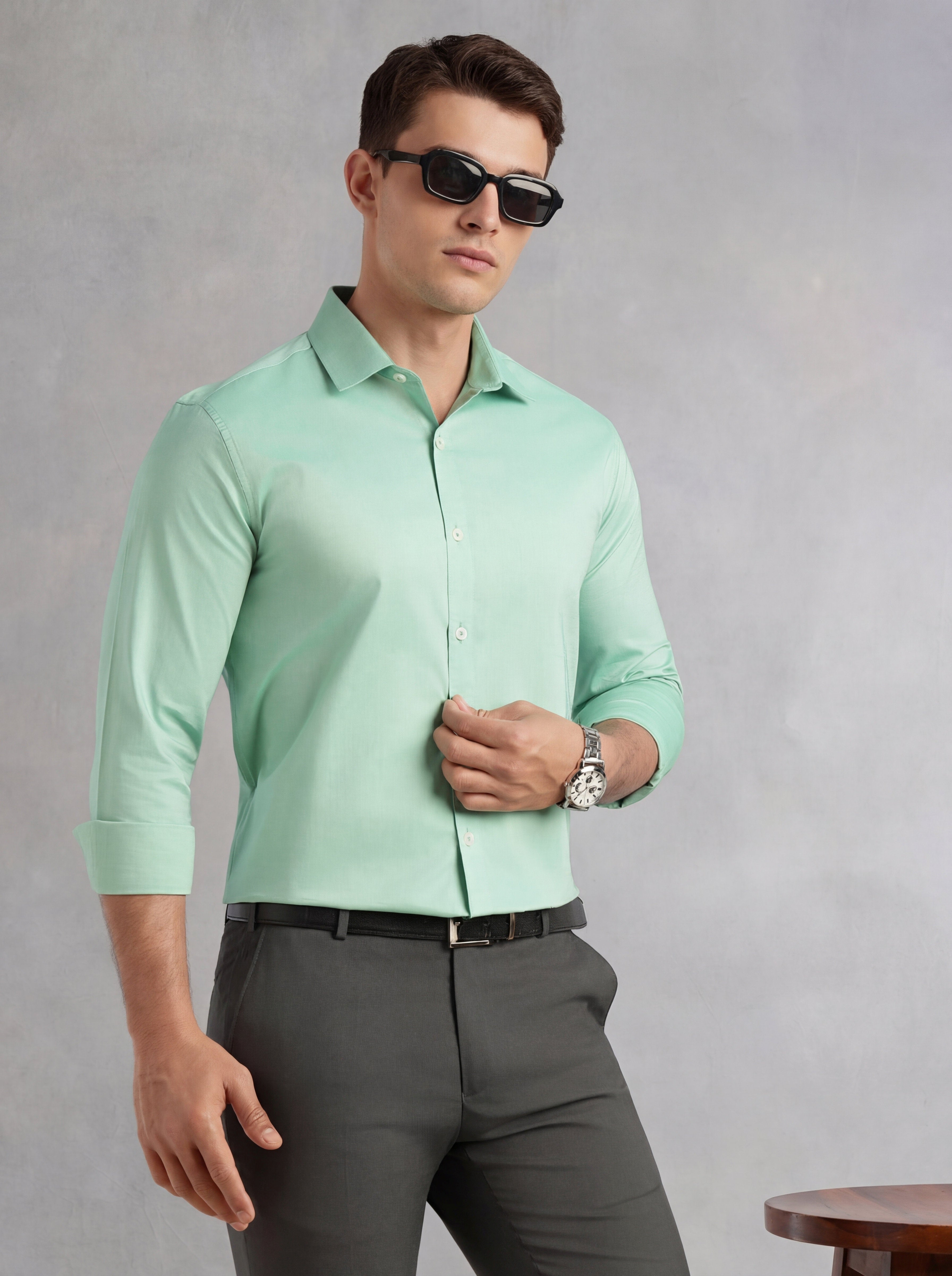 Thomas Scott Men Green Regular Fit Long Sleeves Spread Collar 100% Cotton Oxford Formal Shirt