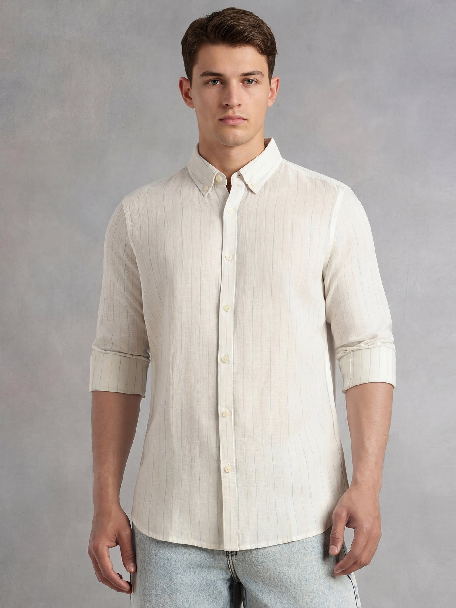 Thomas Scott Men White Slim Fit Long Sleeves Button-Down Collar Vertical Striped Linen Casual Shirt