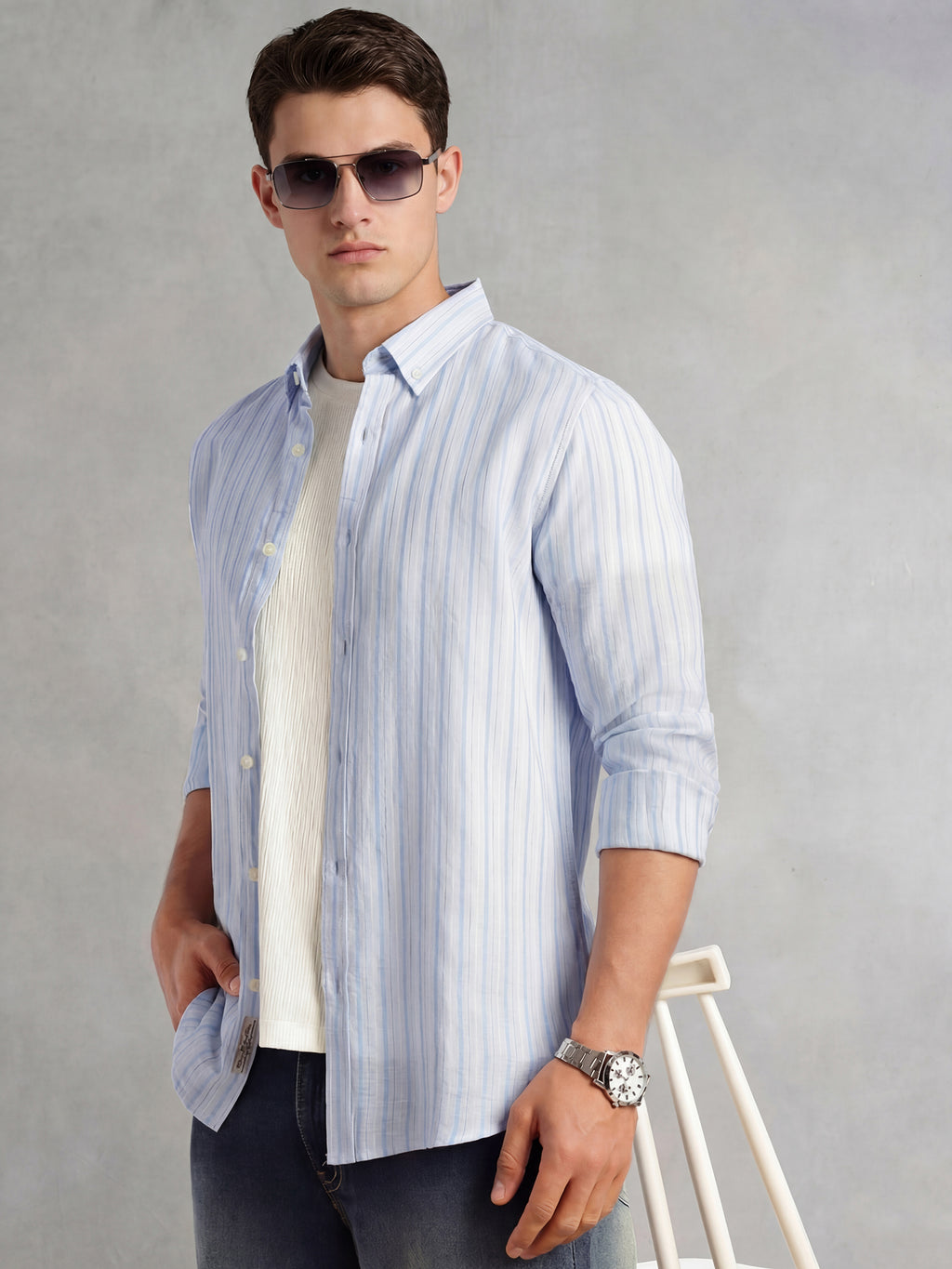 Thomas Scott Men Blue Slim Fit Long Sleeve Button-Down Collar Vertical Striped Linen Casual Shirt