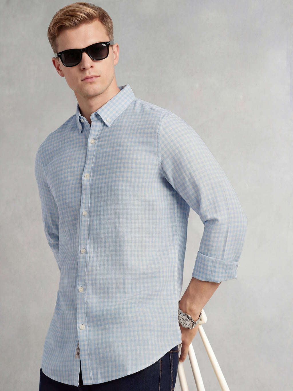 Thomas Scott Men Blue Slim Fit Long Sleeves Button-Down Collar Gingham Checks Linen Casual Shirt