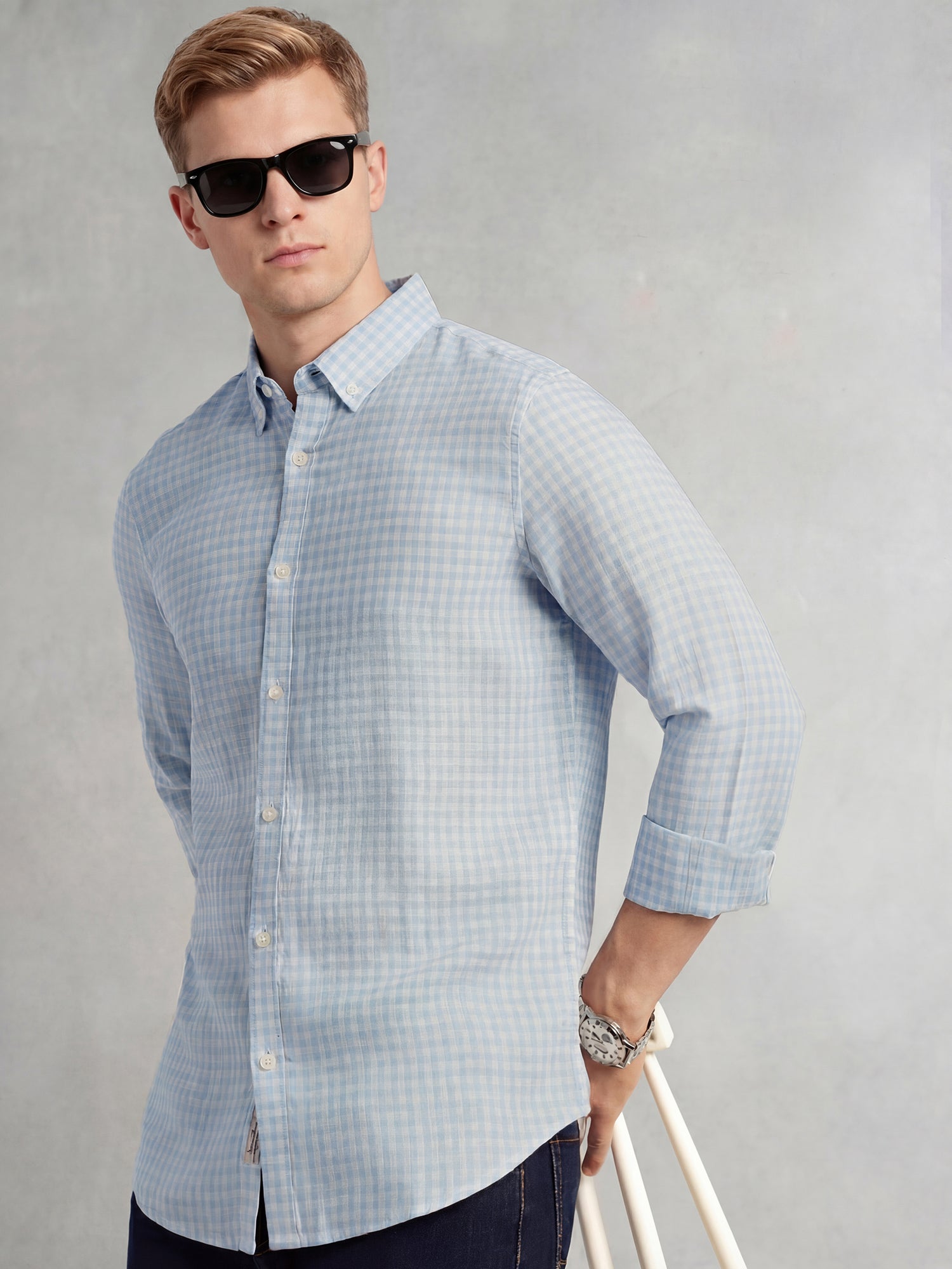 Thomas Scott Men Blue Slim Fit Long Sleeves Button-Down Collar Gingham Checks Linen Casual Shirt