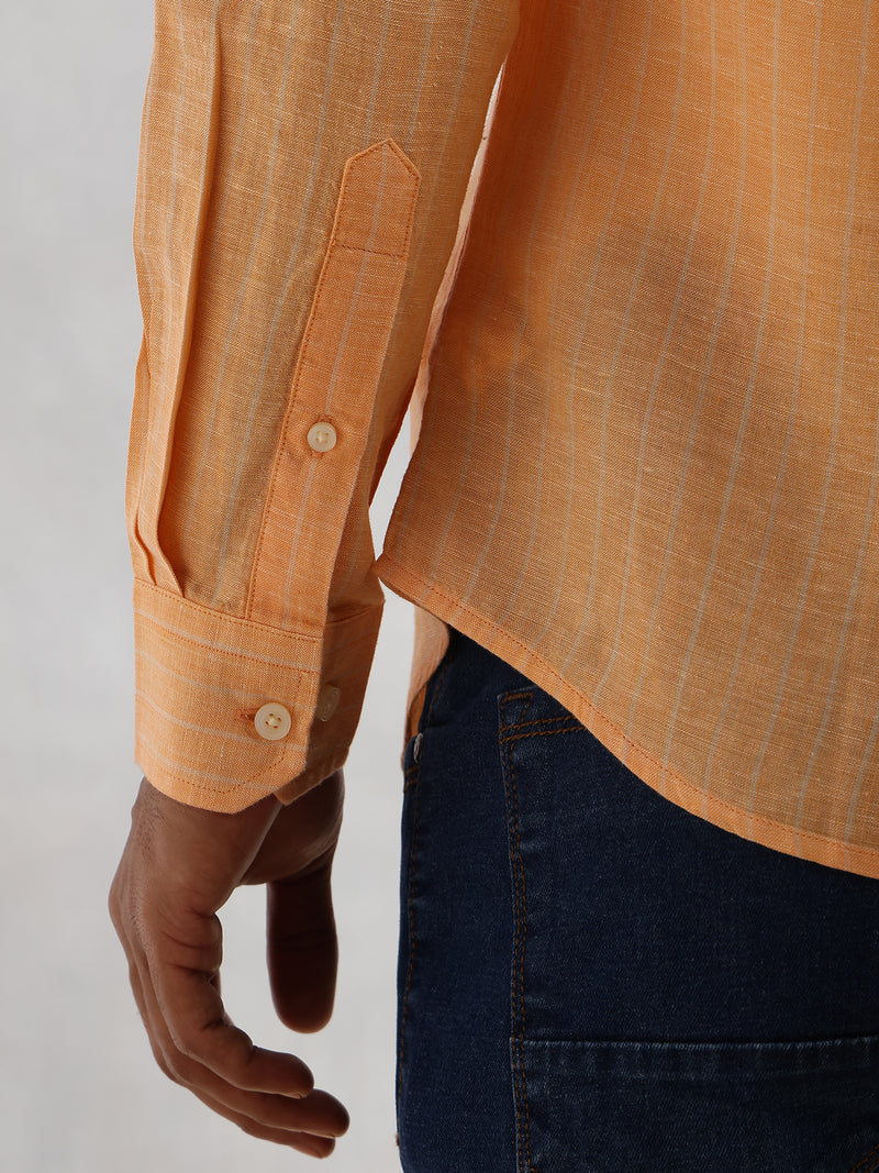 Thomas Scott Men Orange Slim Fit Long Regular Sleeves Vertical Striped Button-Down Collar Linen Casual Shirt