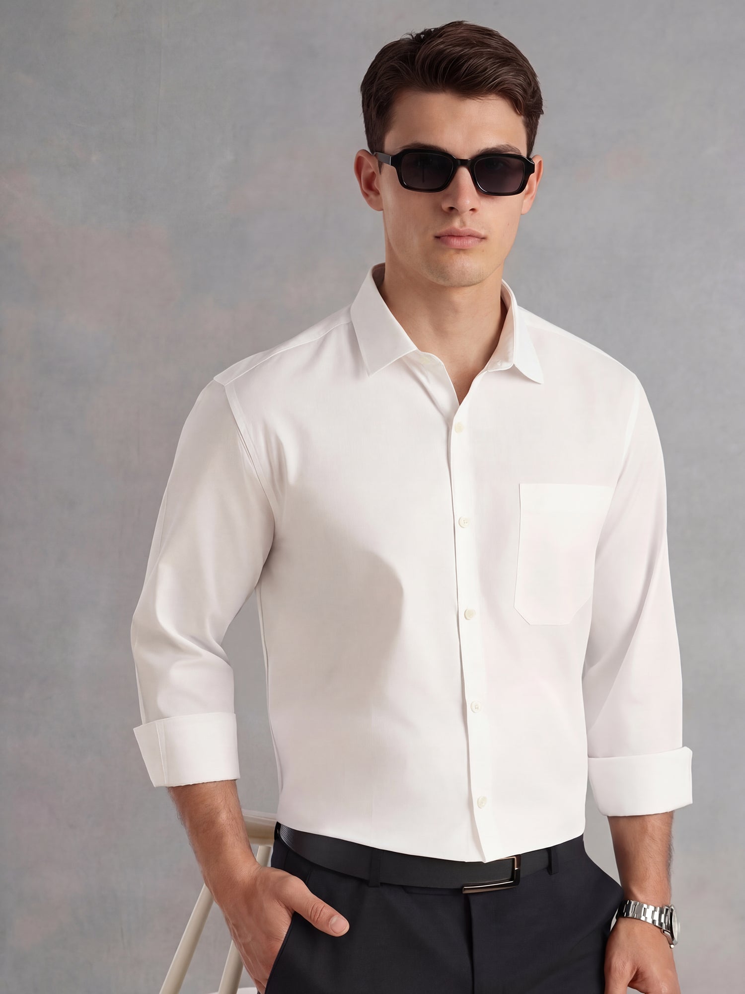 Thomas Scott Men White Regular Fit Long Sleeves Spread Collar with Twill Tape Solid 100% Cotton Formal Shirt