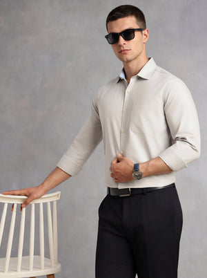 Thomas Scott Men Grey Regular Fit Long Sleeves Spread Collar with Contrast Fabric Solid 100% Cotton Formal Shirt