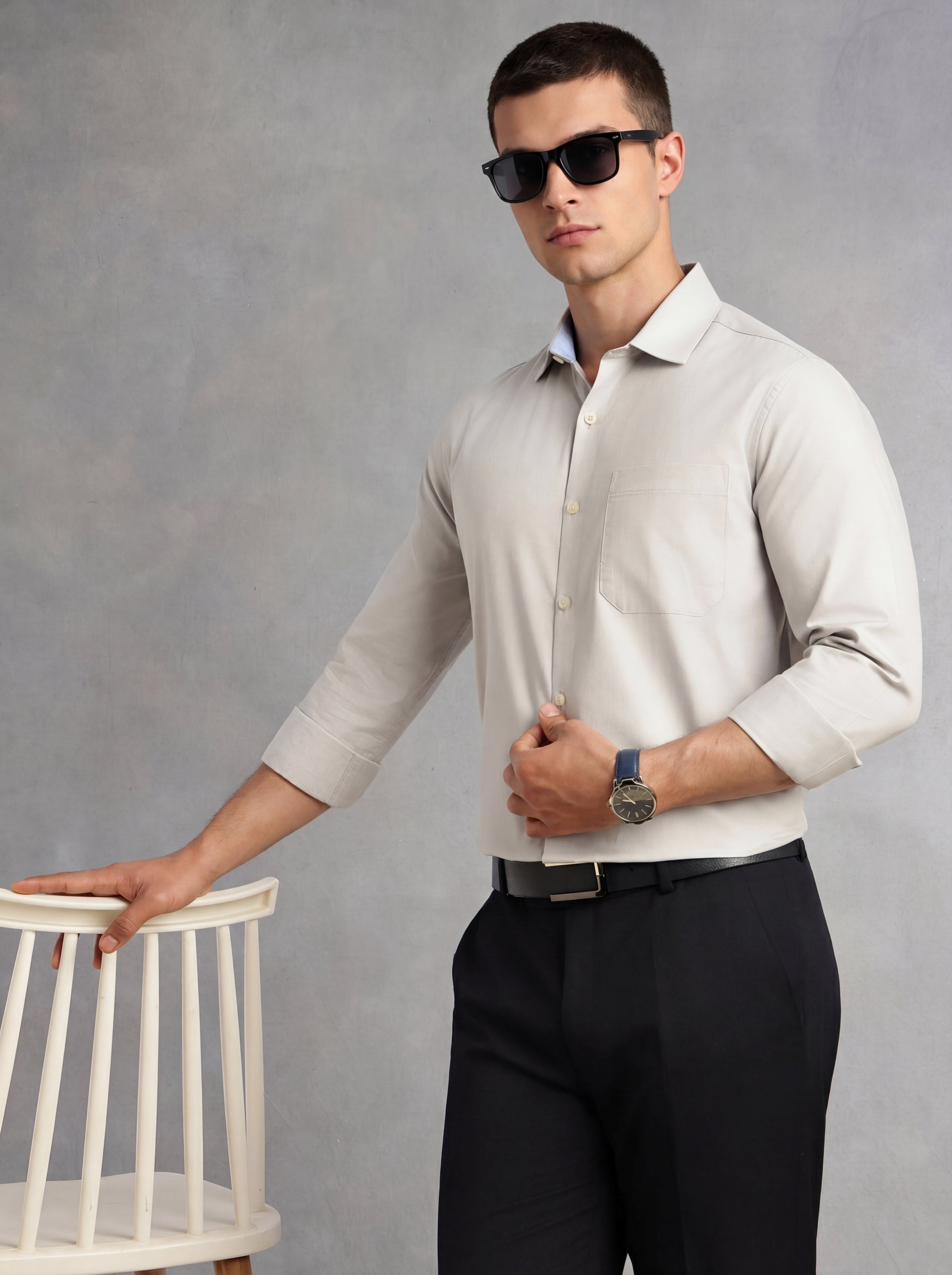 Thomas Scott Men Grey Regular Fit Long Sleeves Spread Collar with Contrast Fabric Solid 100% Cotton Formal Shirt
