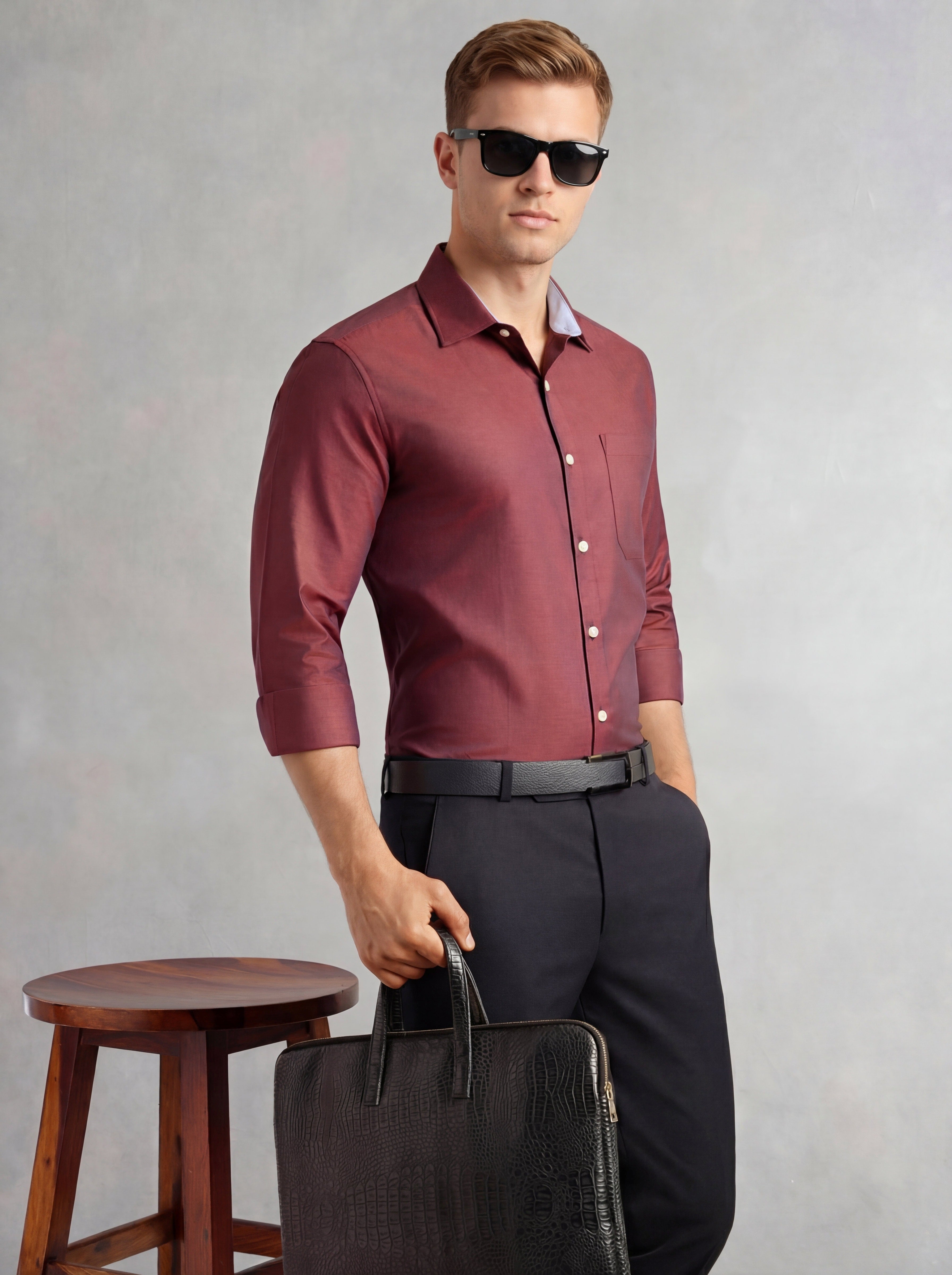 Thomas Scott Men Red Regular Fit Long Sleeves Spread Collar with Contrast Fabric Solid 100% Cotton Formal Shirt