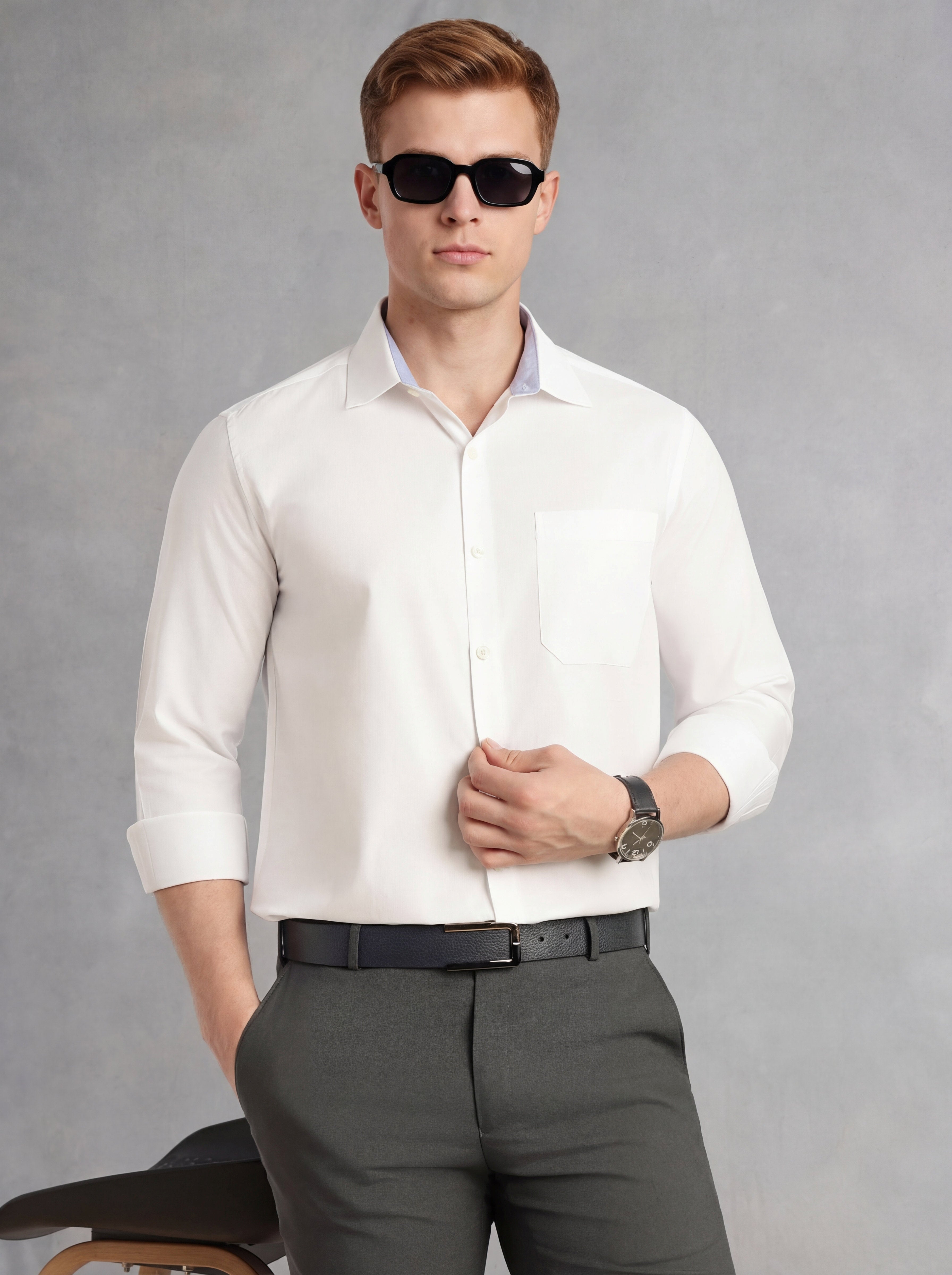 Thomas Scott Men White Regular Fit Long Sleeves Spread Collar with Contrast Fabric Solid 100% Cotton Formal Shirt