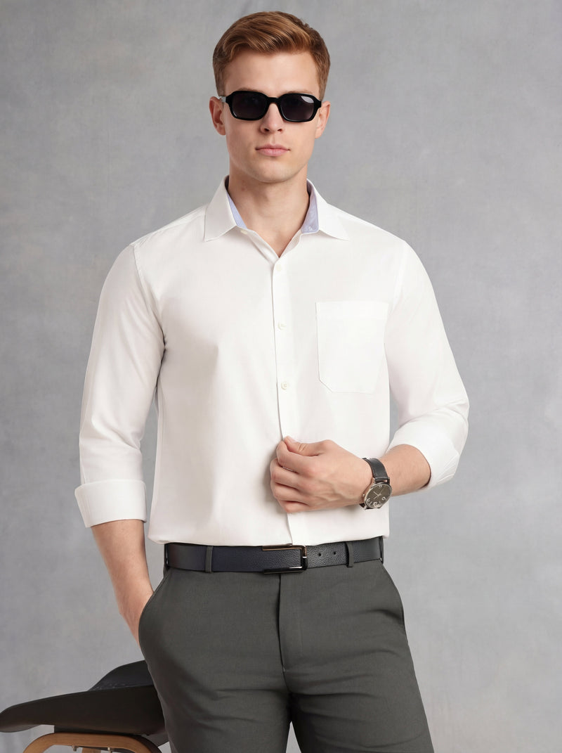 Thomas Scott Men White Regular Fit Long Sleeves Spread Collar with Contrast Fabric Solid 100% Cotton Formal Shirt